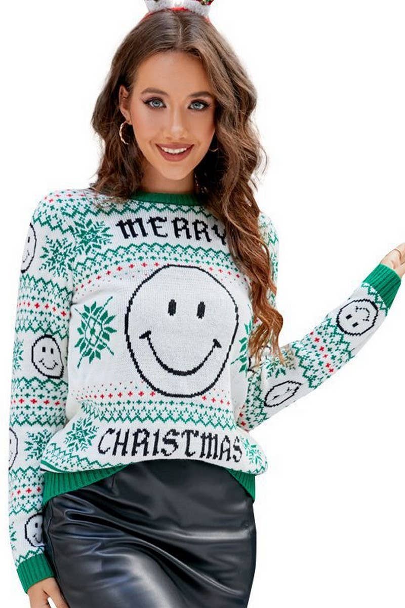 CWOSWL2486_SMILEY CHRISTMAS KNITTED SWEATER PULLOVER