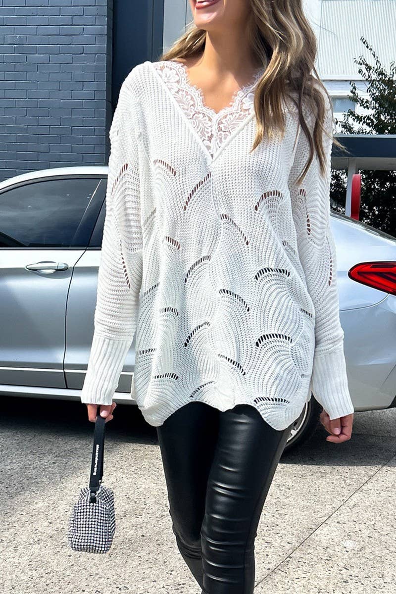 CWTHT0156_2025 NEW LACE STITCHING MID-LENGTH WHITE SWEATER