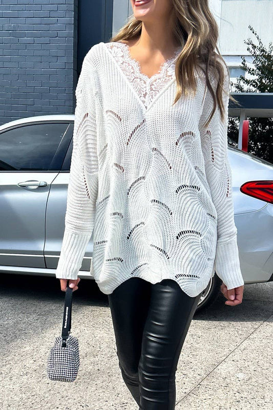 CWTHT0156_2025 NEW LACE STITCHING MID-LENGTH WHITE SWEATER