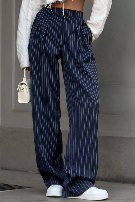 CWBLP1721_HIGH-WAISTED NAVY BLUE STRIPED STRAIGHT-LEG PANTS