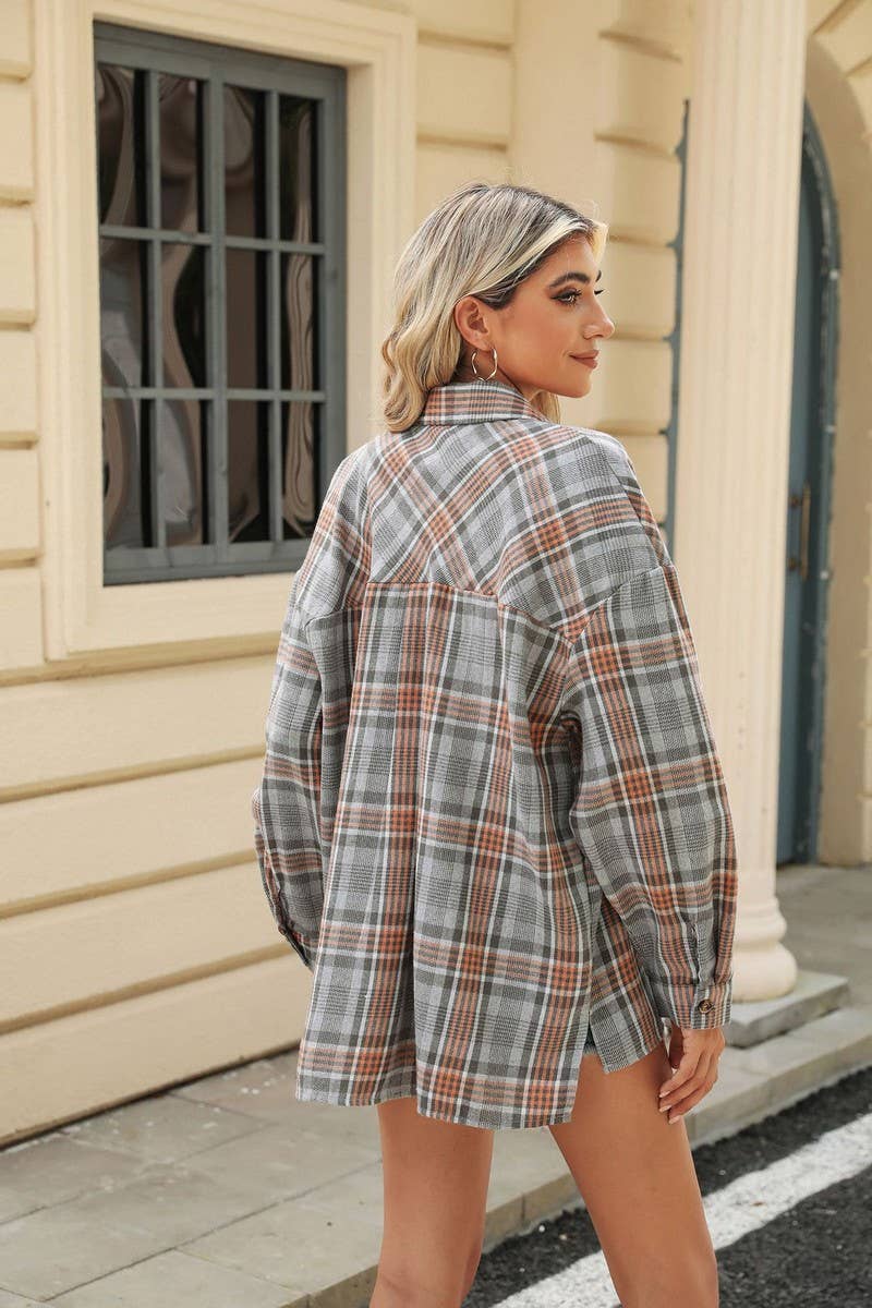 CWTSTL1700_COLLAR POCKET PLAID LOOSE LONG SLEEVE SHIRT