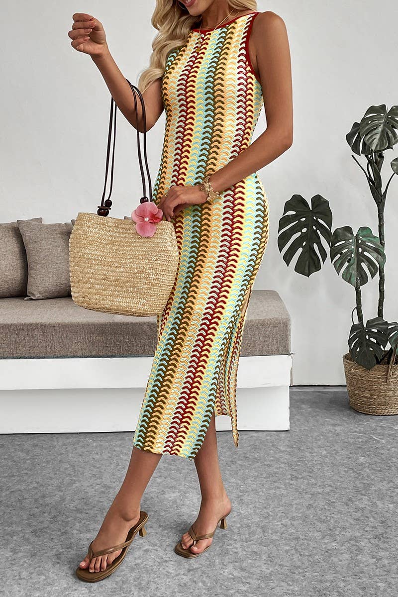CWDMD6292_STRIPED CROCHET SLEEVELESS BODYCON TANK DRESS