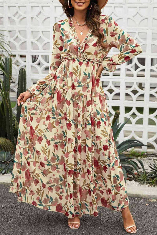 CWDMD6397_V-NECK FLORAL BOHEMIAN HIGH WAIST DRESS