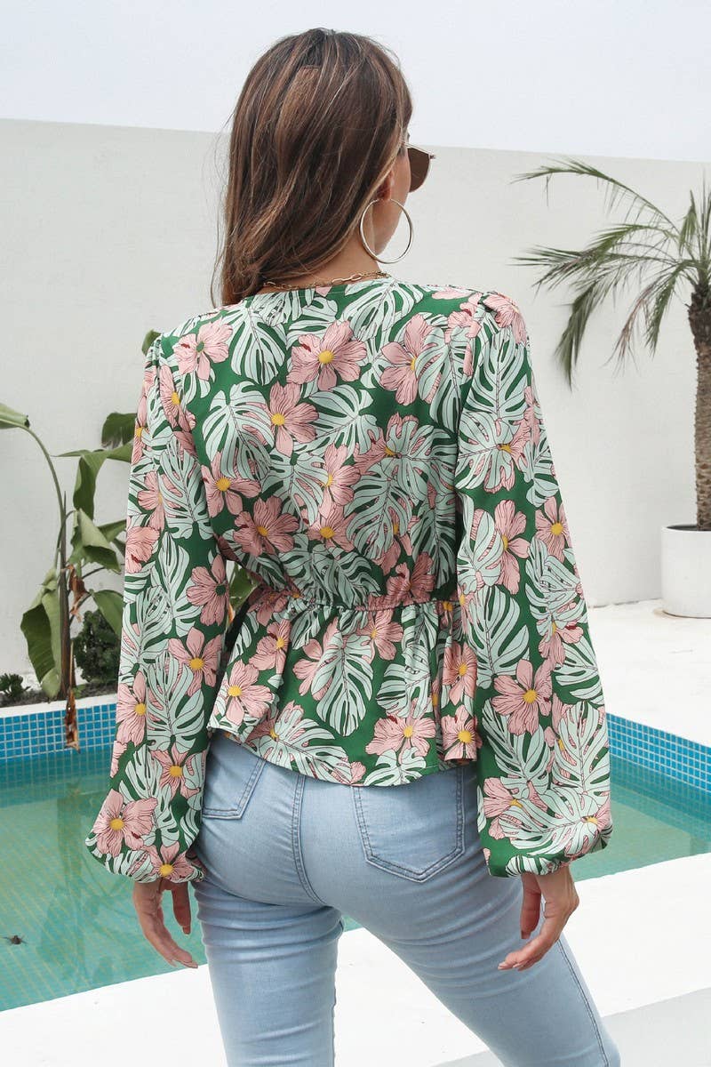 CWTBLL0707_V-Neck Long Sleeve Print Blouse