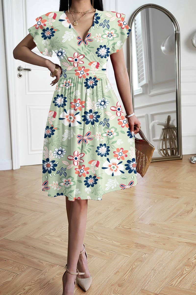 CWDMD5869_SOLID ELEGANT V-NECK SHORT SLEEVE MIDI DRESS