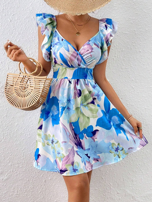 Deep V-neck, cinched waist, printed short dress