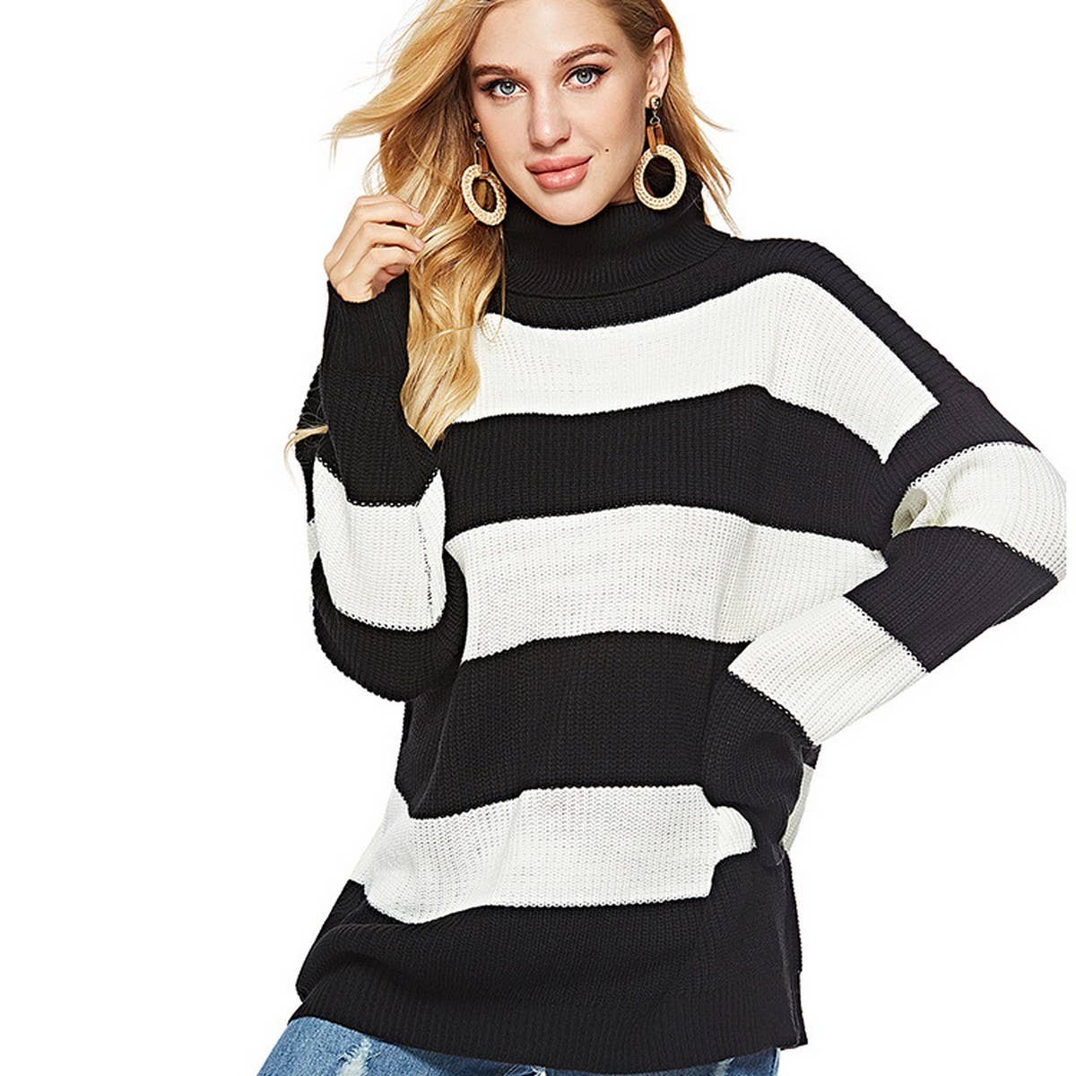 Casual striped turtleneck knit pullover