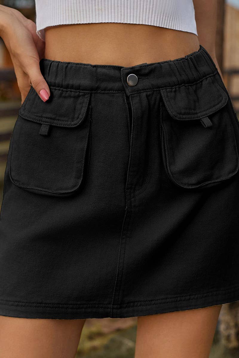 CWJSK00233_WASHED ELASTIC WAIST DENIM MINI SKIRT