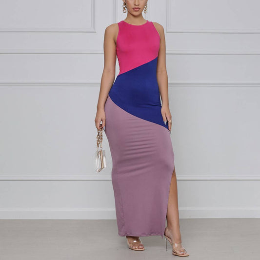 COLOR CONTRAST CASUAL SLIM LONG DRESS