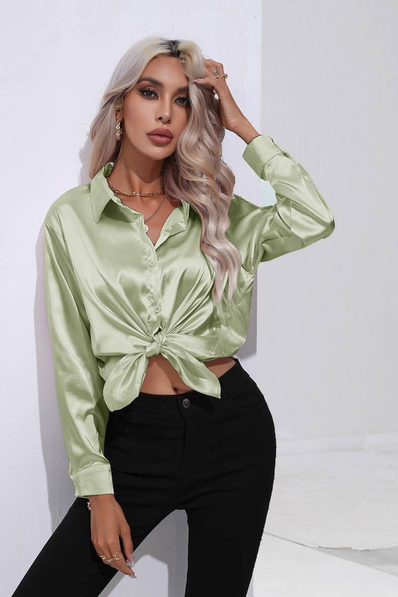 CWTBLL0690_Button Down Silky Satin Long Sleeve Top