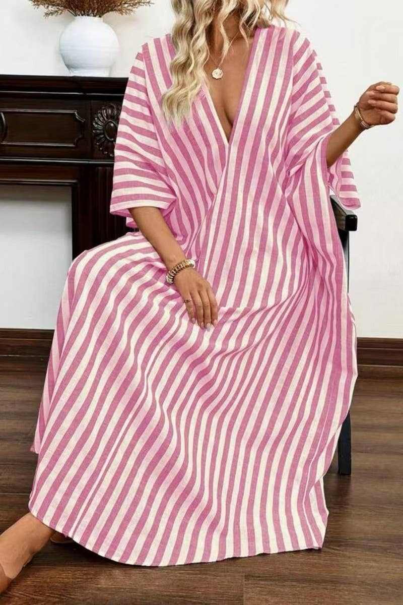 CWDMD5853_CASUAL LOOSE V-NECK STRIPED MAXI DRESS