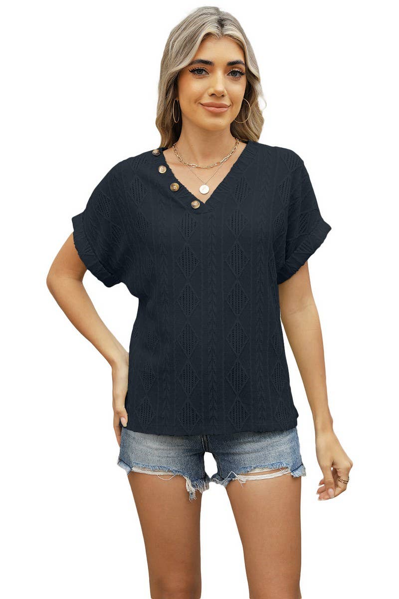 CWTBLS1704_V-NECK JACQUARD BUTTON SHORT-SLEEVED HOLLOW TOP