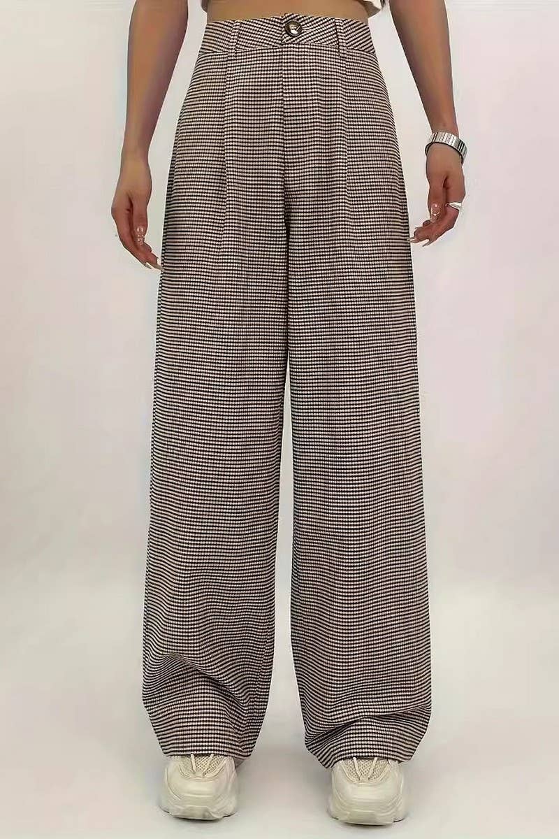 CWBLP1121_HIGH-RISE CHECKED WRINKLED STRAIGHT-LEG TROUSERS