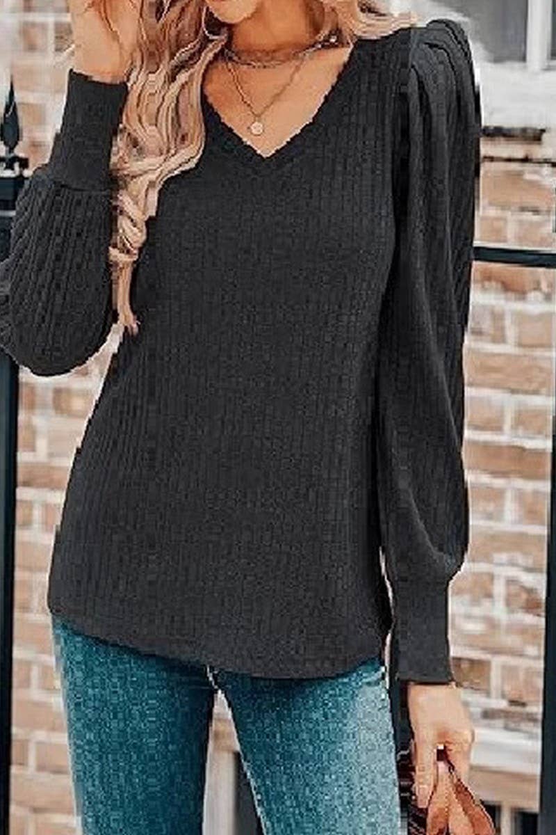 CWTBLL01073_V-NECK LONG-SLEEVED PUFF-SLEEVED TOP