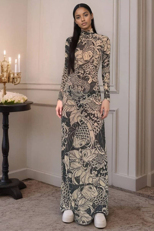 CWDMD6429_FASHION MESH SEE-THROUGH HIGH COLLAR SLIM DRESS_