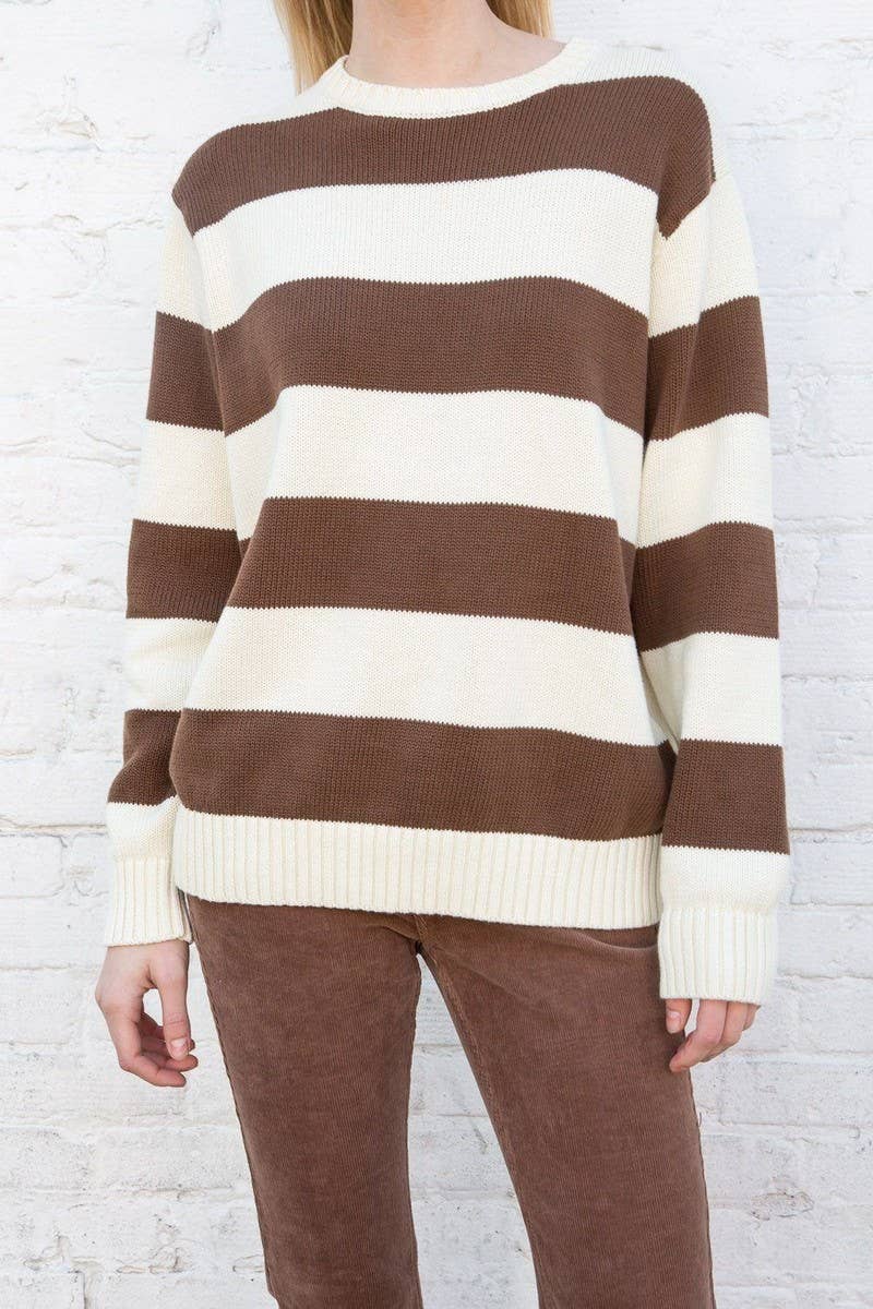 CWOSWL5737_CREW NECK LONG SLEEVE STRIPED KNIT SWEATER