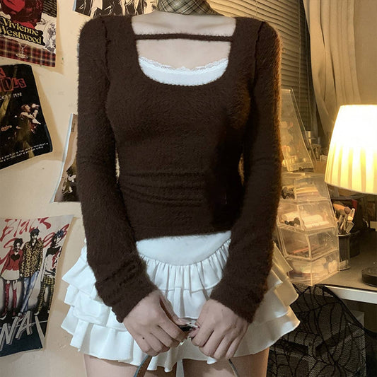 CREW-NECK COLOR MATCHING FAKE TWO KNITTED BOTTOMS