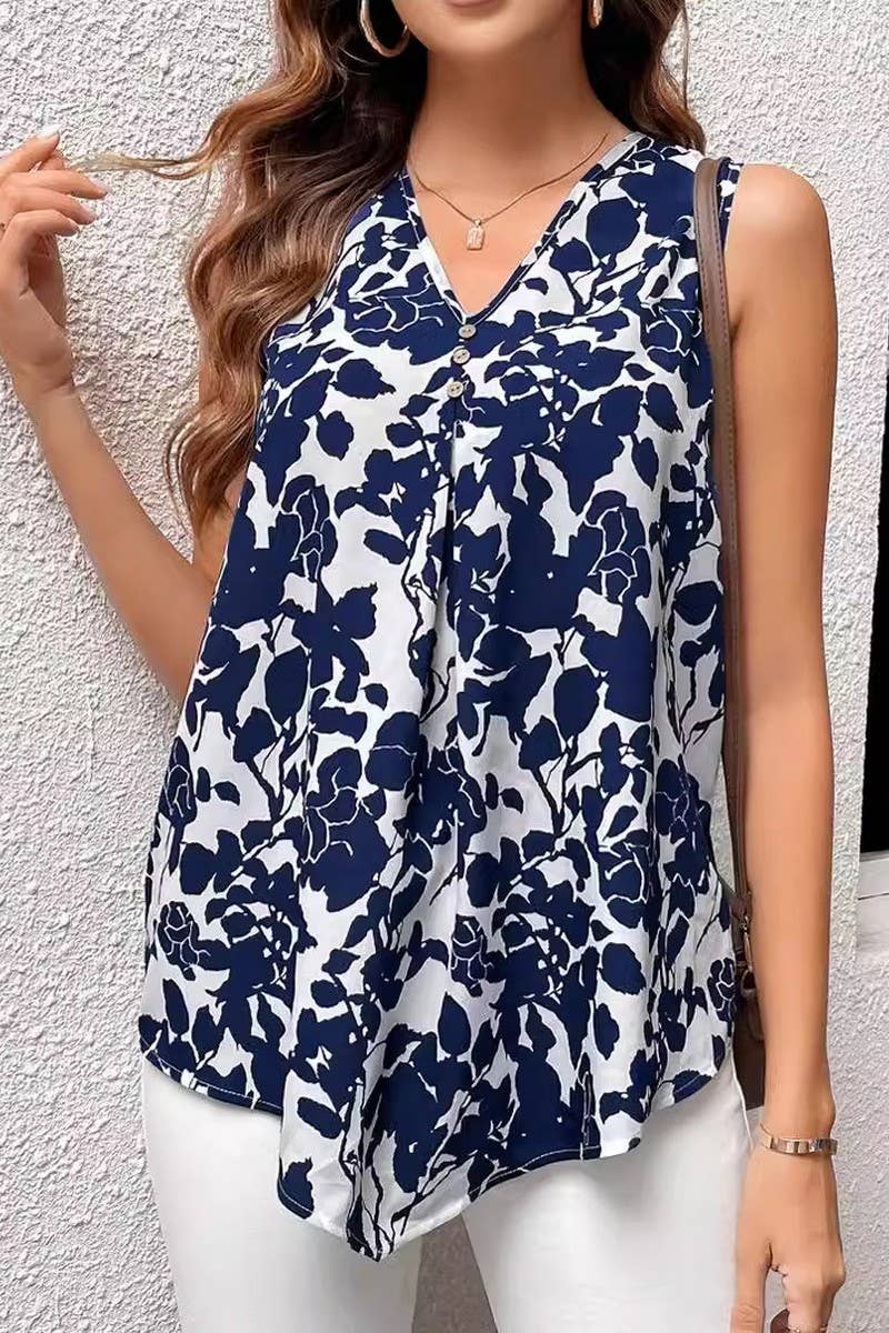 CWTBLSL0535_SLEEVELESS V-NECK PRINTED SHIRT