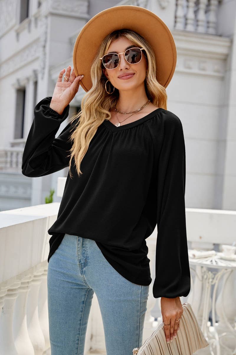 CWTBLL2858_LOOSE PLEATED V-NECK LONG SLEEVE TOP