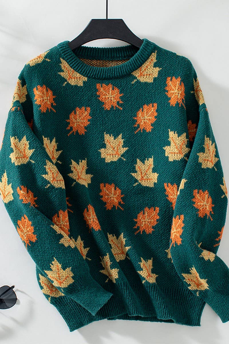 CWOSWL07063_MAPLE LEAF JACQUARD CASUAL PULLOVER SWEATER