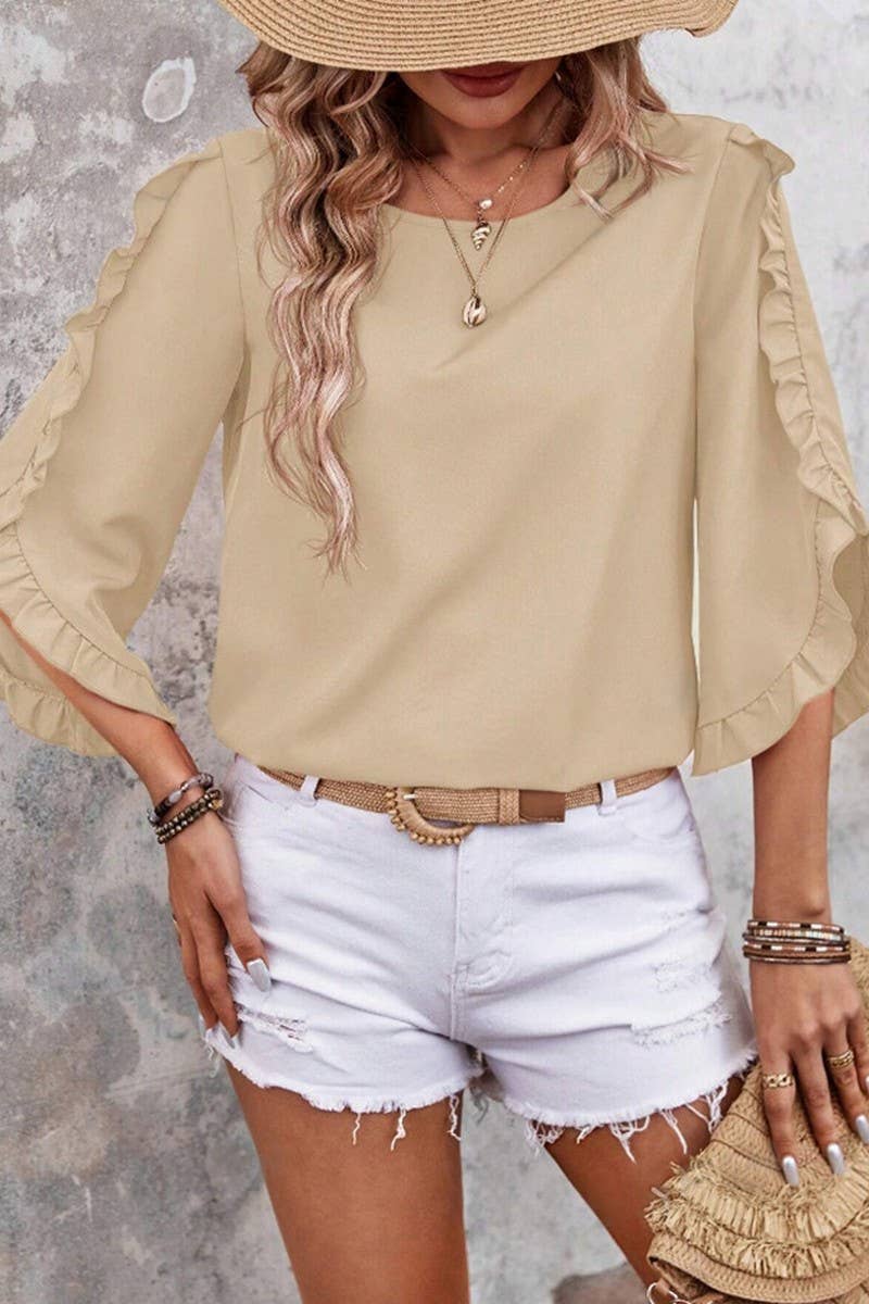 CWTBLS2263_LACE TRIM CREW NECK 3/4 SLEEVE ASYMMETRICAL TOP