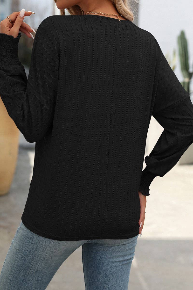 CWTBLL1814_LOOSE FIT V-NECK BATWING SLEEVE LONG SLEEVE TOP