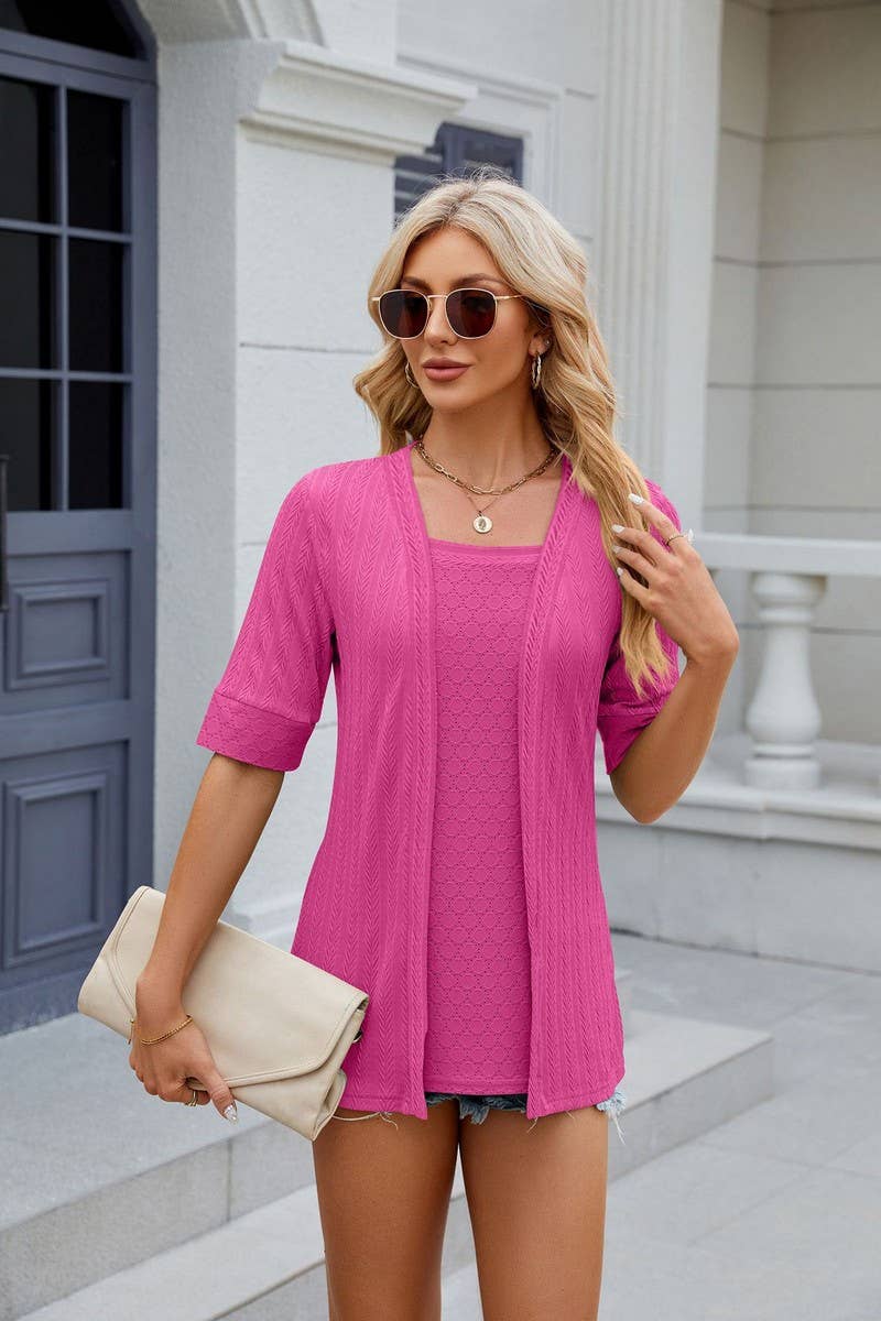 CWTBLS0441_Short Sleeve Tops Fake Two Pieces Pullover Blouse