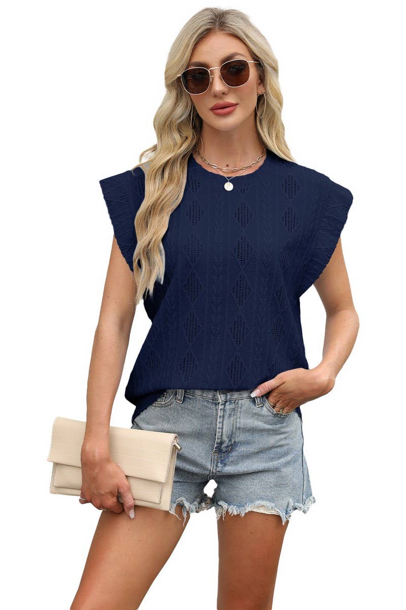 CWTBLS1696_ROUND NECK JACQUARD LOOSE SHORT SLEEVE TOP