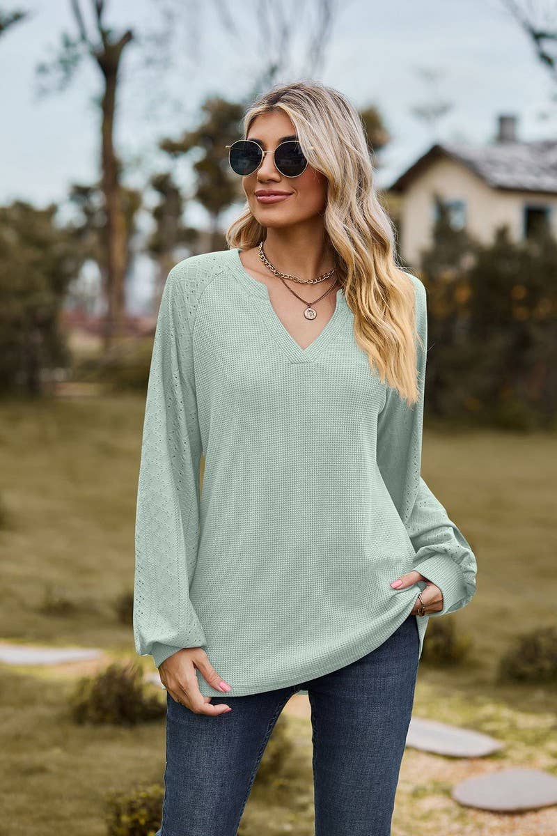CWTBLL01313_V NECK WAFFLE KNIT SOLID LONG SLEEVE LOOSE TEE