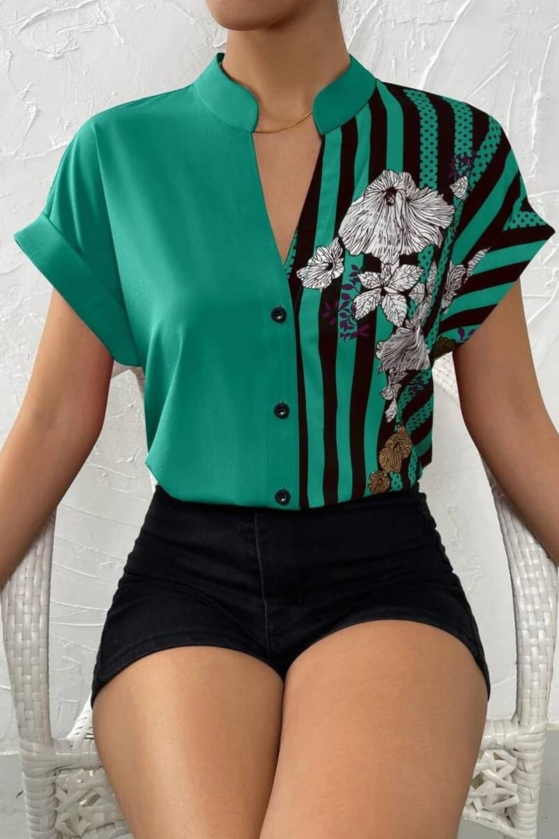 CWTSTS0460_SUMMER COLOR CONTRAST SHORT-SLEEVED SHIRT TOP