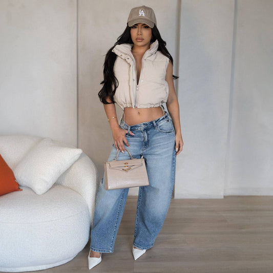 BEAUTY SOLID COLOR STAND-UP COLLAR ZIPPER VEST