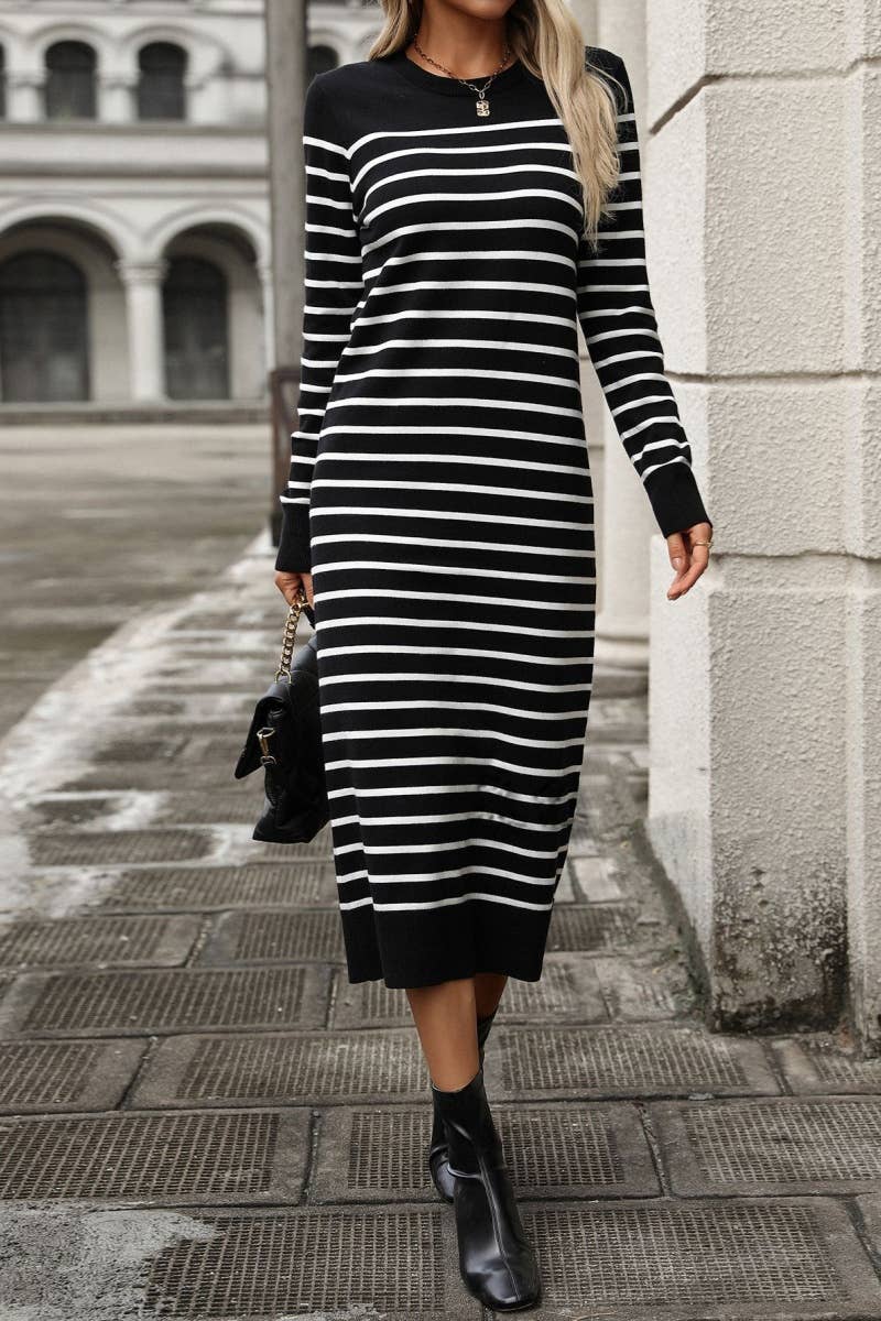 CWDMD4023_ROUND NECK LONG SLEEVE STRIPED DRESS LONG STYLE