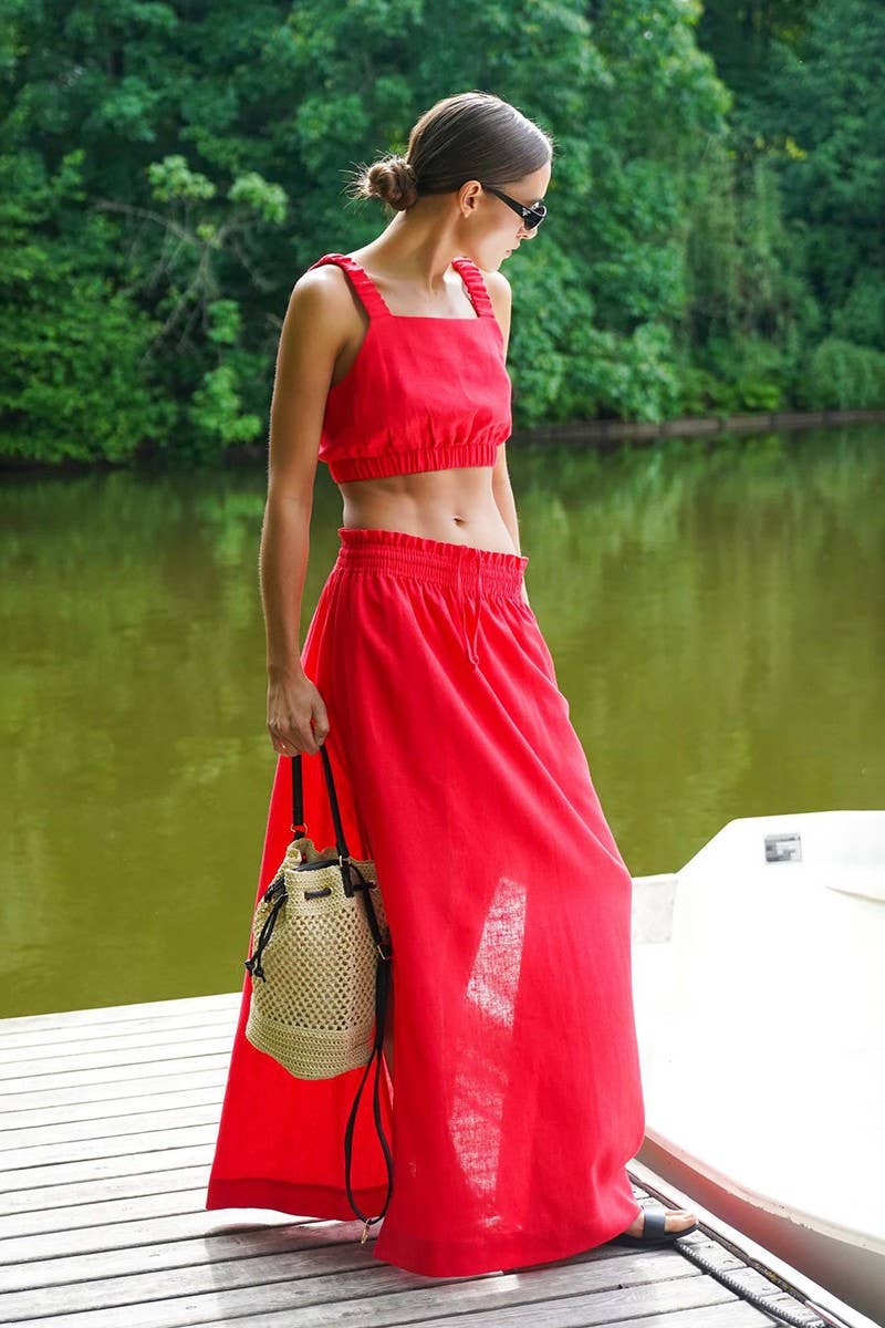 CWSS1169_COTTON-LINEN CAMI TOP & SPLIT MIDI SKIRT SET