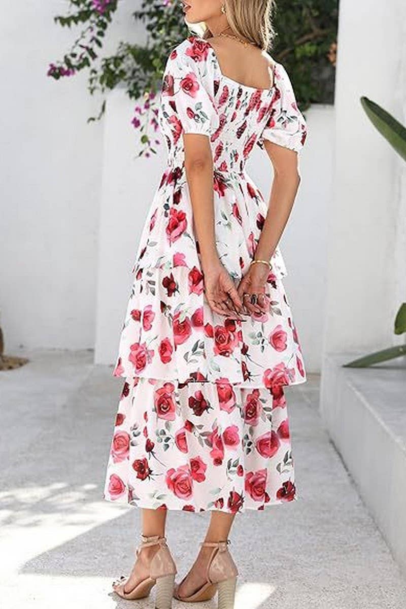 CWDMD01026_SQUARE NECK SHORT SLEEVE FLORAL CHIFFON DRESS