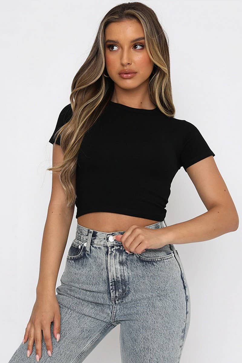 CWTTS1346_SOLID COLOR ROUND NECK SHORT BELLY EXPOSED TOP