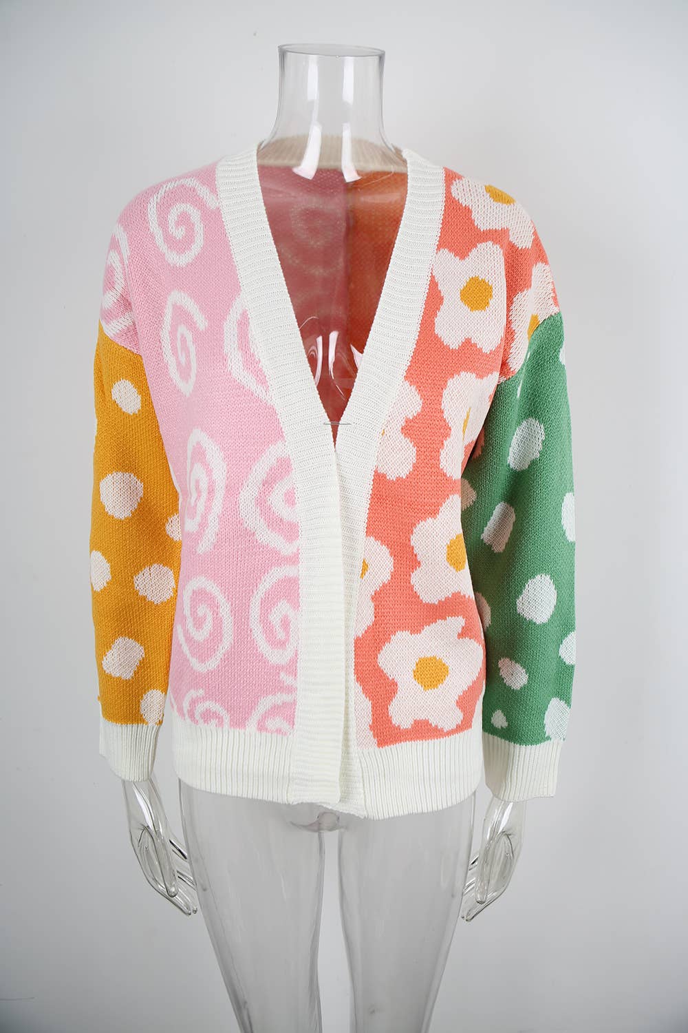 Color-blocking loose,buttonless knitted cardigan