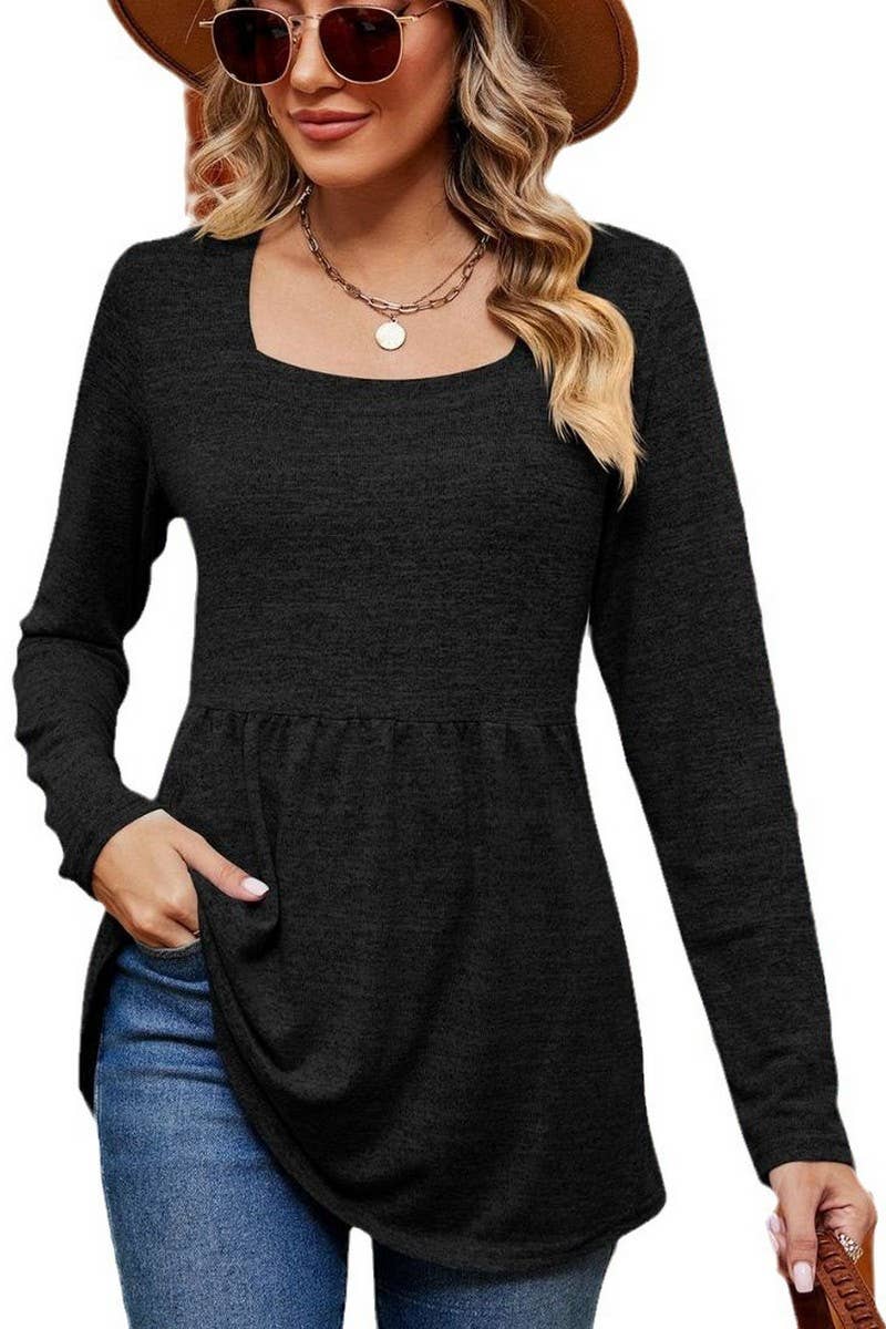 CWTBLL2397_SQUARE NECK LONG SLEEVE WAISTED MID-LENGTH TOP