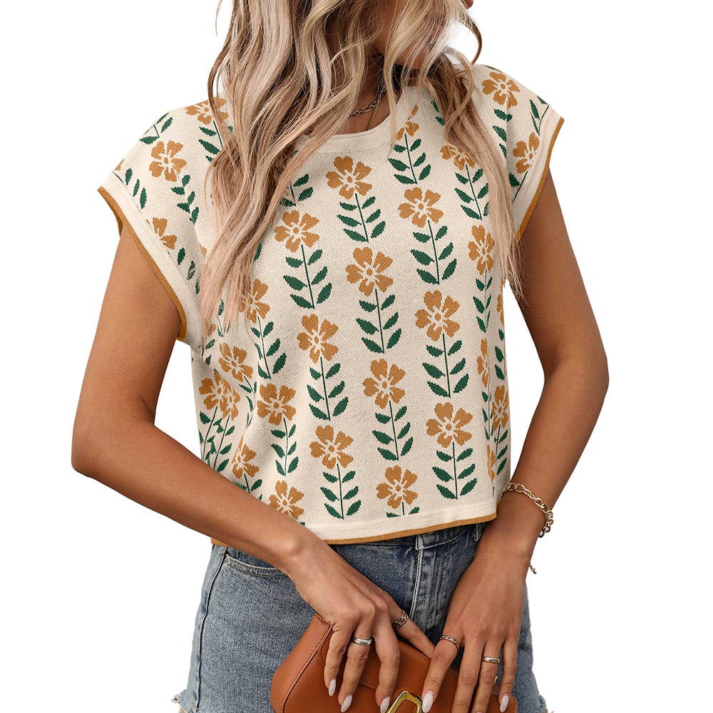 Crop short sleeve crew-neck knit floral sweater
