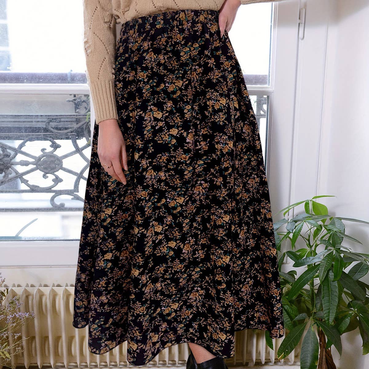 Elastic waist floral print A-line skirt