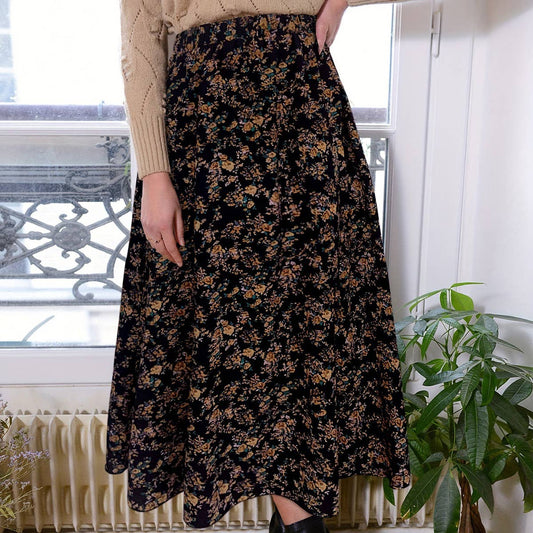 Elastic waist floral print A-line skirt