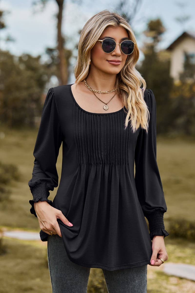 CWTBLL3687_NEW AUTUMN SOLID COLOR ROUND NECK DRAW CUFFS TOP