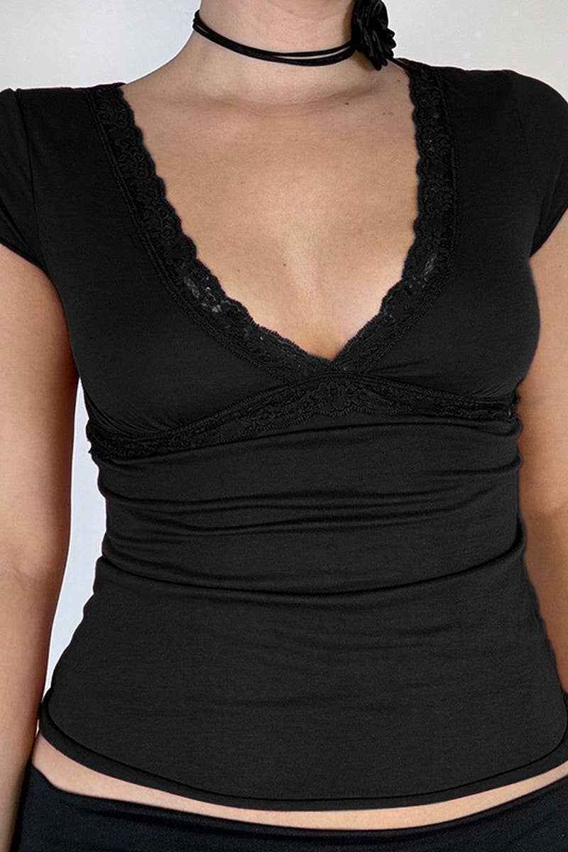 CWTBLS1929_LACE TRIM DEEP V SHORT SLEEVE SEXY TEE TOP