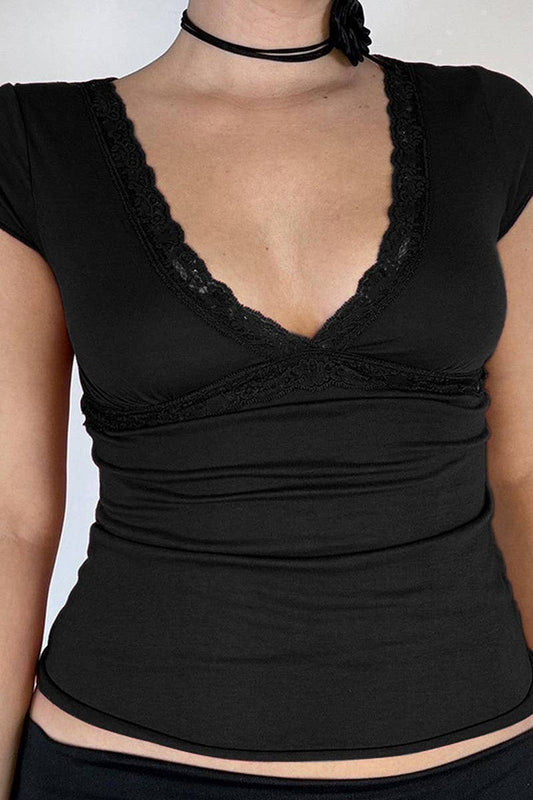 CWTBLS1929_LACE TRIM DEEP V SHORT SLEEVE SEXY TEE TOP
