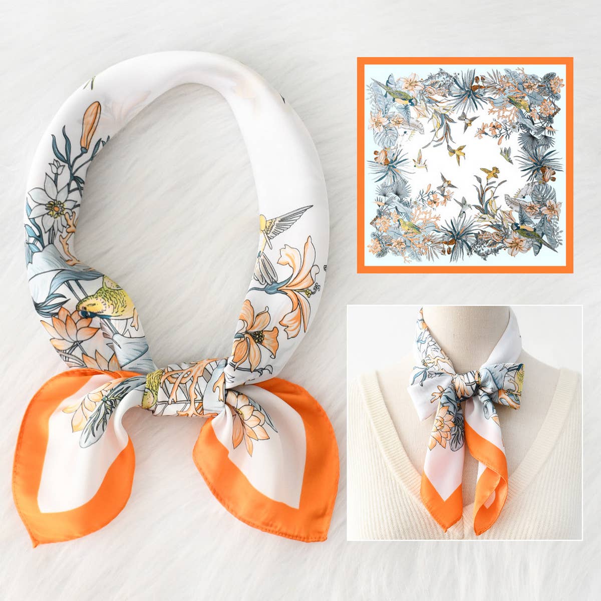 Luxury Style Floral Satin Square Scarf for Summer