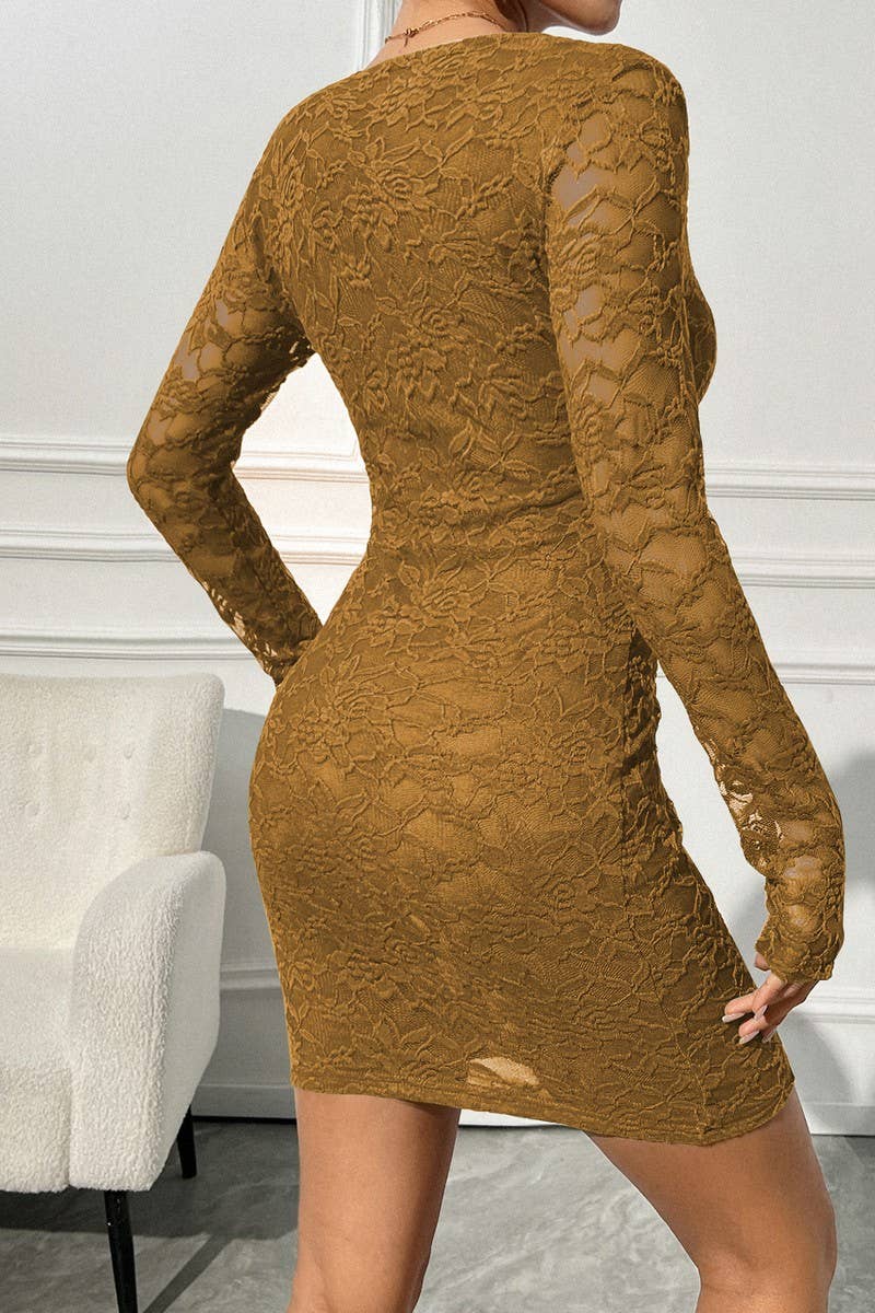 CWDSD8289_SEXY V-NECK LACE FITTED LONG SLEEVE PARTY DRESS