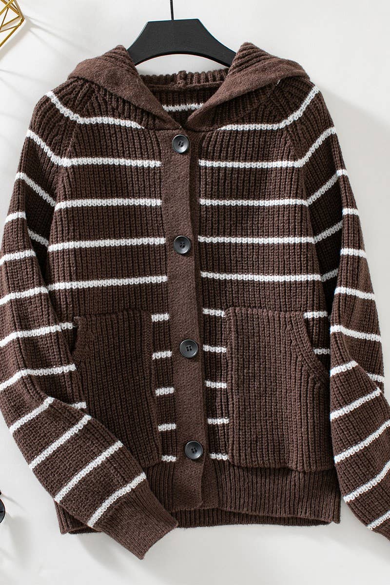 CWOCAL0851_HOODED POCKET STRIPED KNITTED CARDIGAN