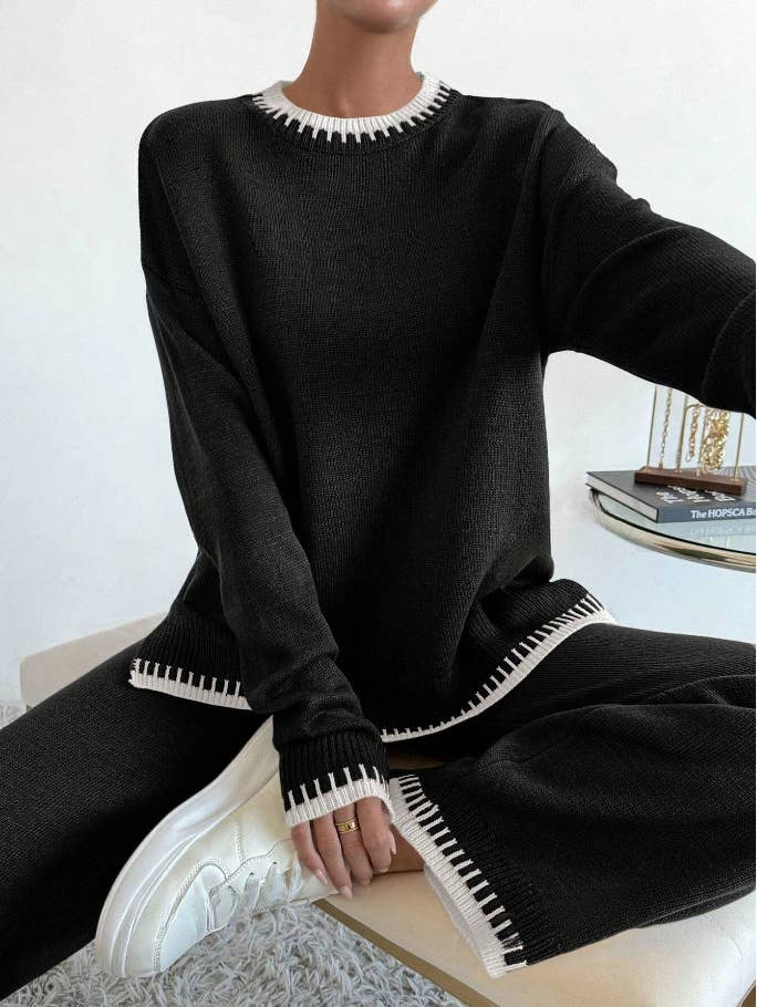 Contrast color sweater trousers two - piece set