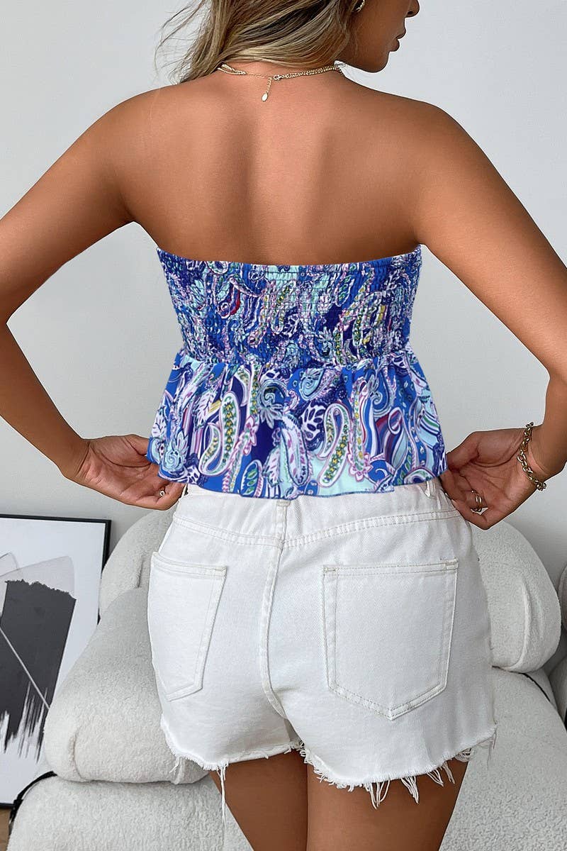 CWTTT0071_FLORAL RUCHED STRAPLESS OFF SHOULDER CROP TOP