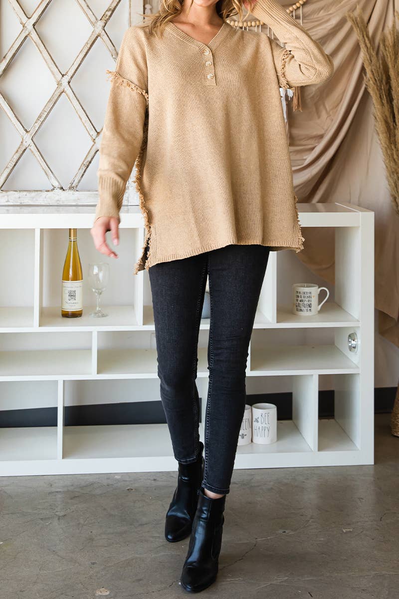 CWOSWL646_BUTTON DOWN FRINGE SHOULDER SWEATER KNIT TOP