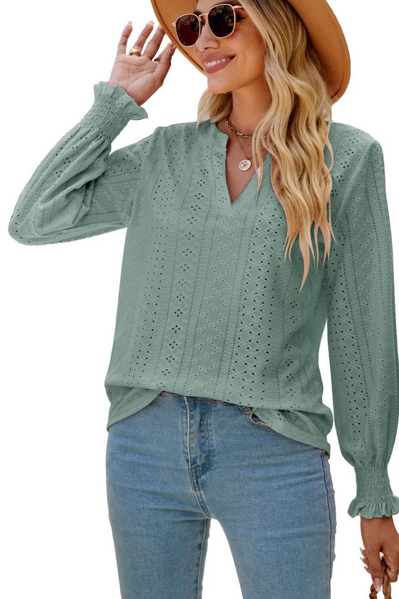 CWTBLL2407_V-NECK HOLLOW PLEATED LOTUS LEAF SLEEVE TOP